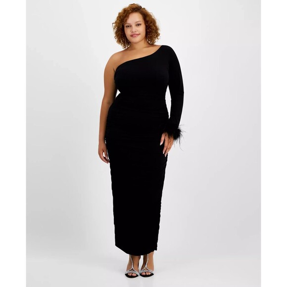 City Studios Women's Plus Size One-Shoulder Feather-Cuff Gown Dress Black 18W - Picture 1 of 12
